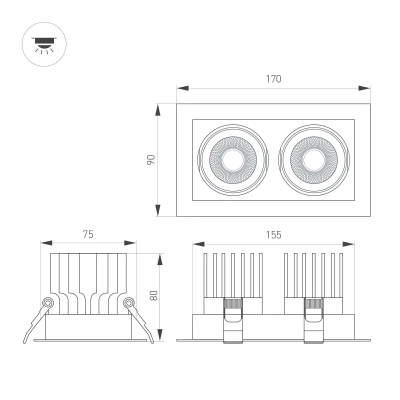 Светильник MS-VORTEX-BUILT-S170x90-2x12W Warm3000 (WH-WH, 40 deg, 230V) (Arlight, IP20 Металл, 5 лет)