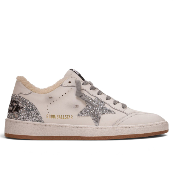 Women’s Ball Star in White Leather With Shearling Lining and Silver Glitter Star