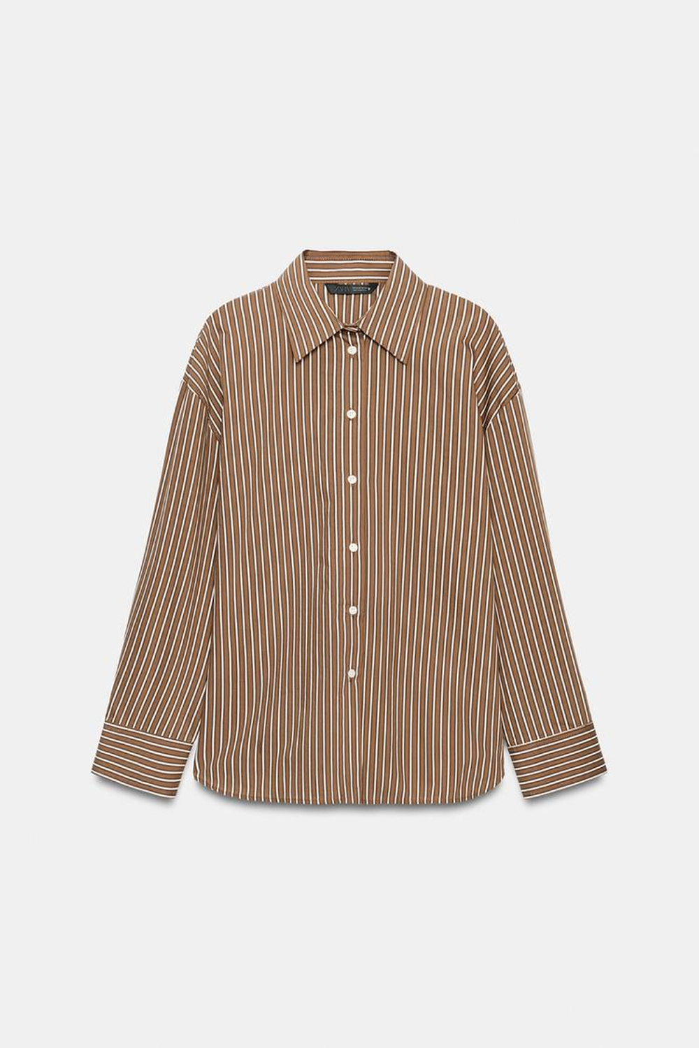 ZARA РУБАШКА ОВЕРСАЙЗ ИЗ ПОПЛИНА В ПОЛОСКУ, КОРИЧНЕВЫЙ/ЭКРЮ