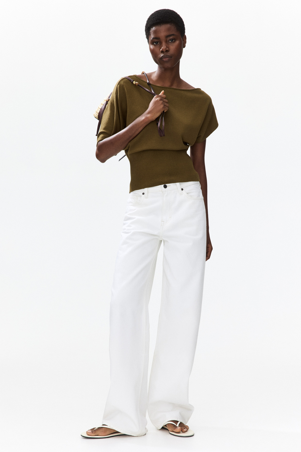 Тонкий трикотажный топ на одно плечо — Кремовый — H&M 1338432