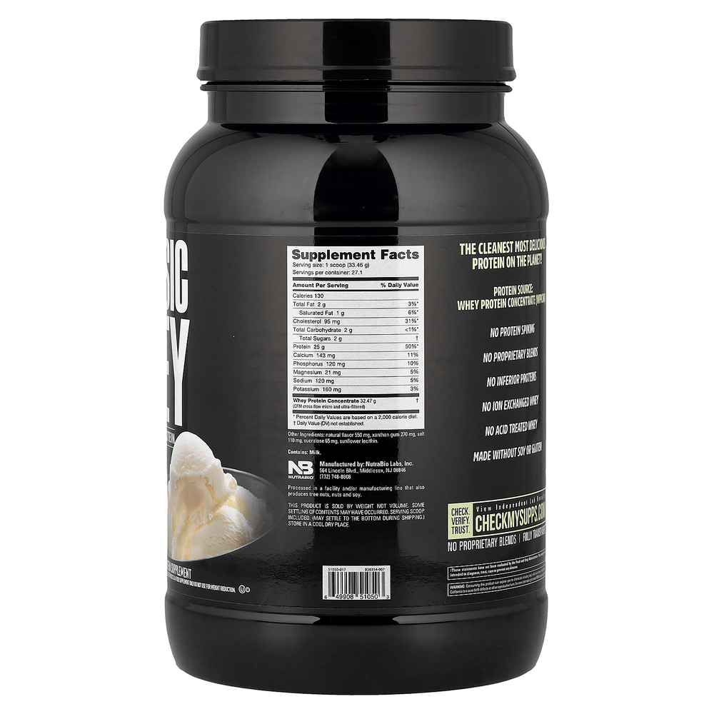 NutraBio, Classic Whey Protein, сливочный ваниль, 907 г (2 фунта)