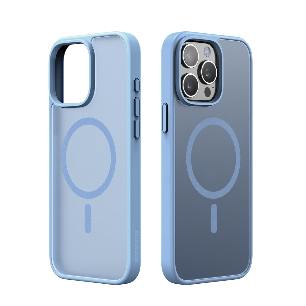 Прозрачный матовый чехол с синими рамками (Light Blue) и с MagSafe от Dux Ducis для iPhone 15 Pro, серия Yind Series Case