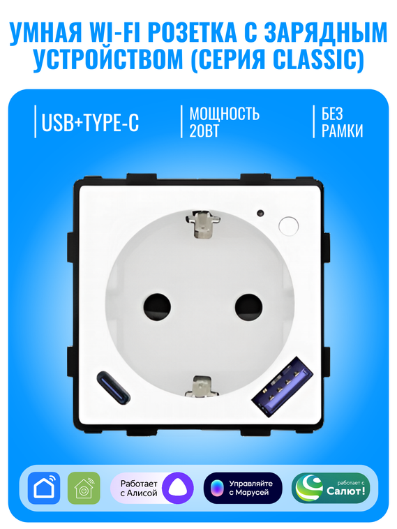 Умная Wi-Fi розетка с зарядным устройством USB и Type-C Smart Aura серия Classic без рамки