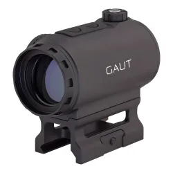 Коллиматор Gaut Tourmaline 1x25, закрытый, точка 3 МOA зелёная, Weaver - вид сзади слева на высоком кронштейне
