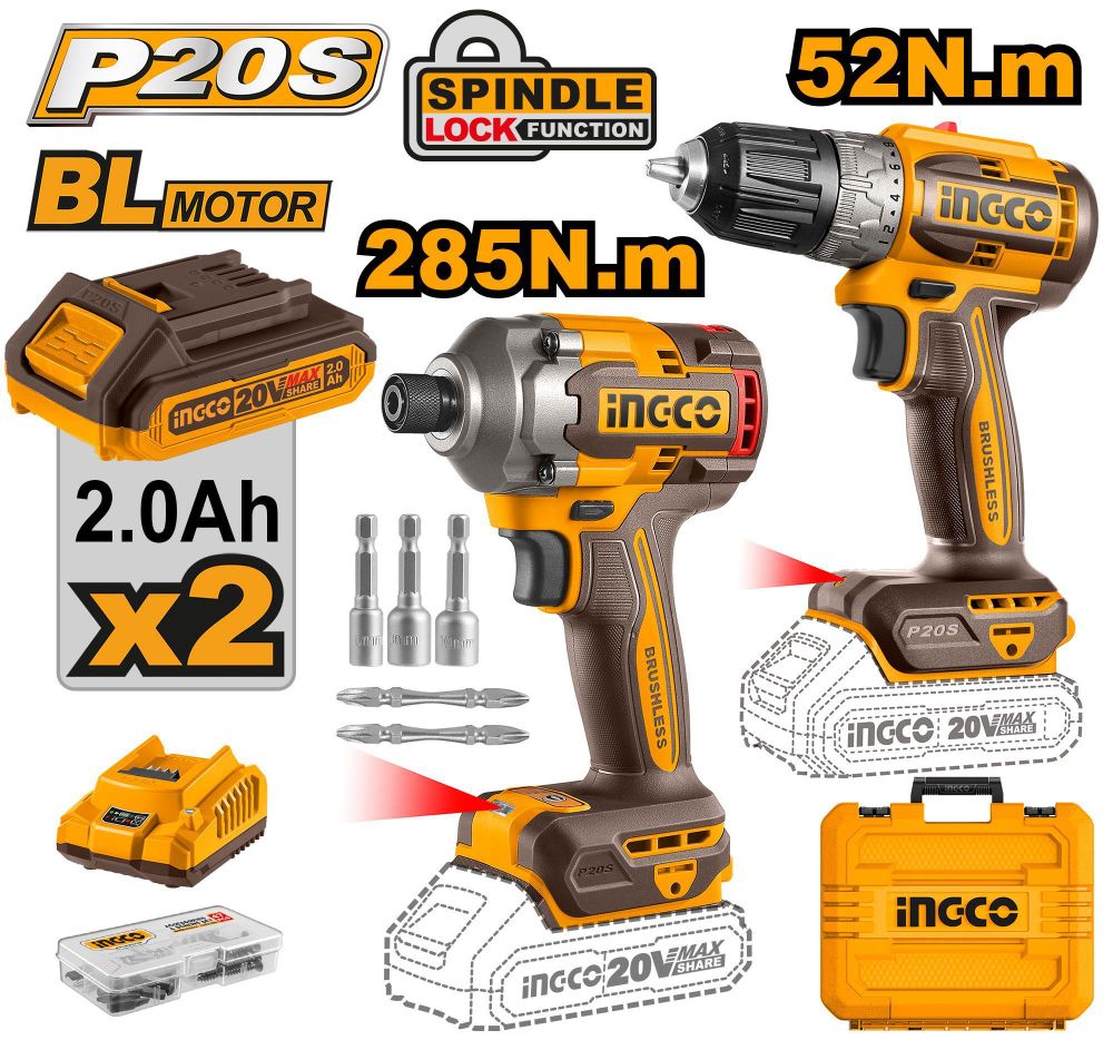 Набор 20В BL винтоверт 285Нм и шуруповерт 52Нм SUPER INGCO CKLI20272 INDUSTRIAL