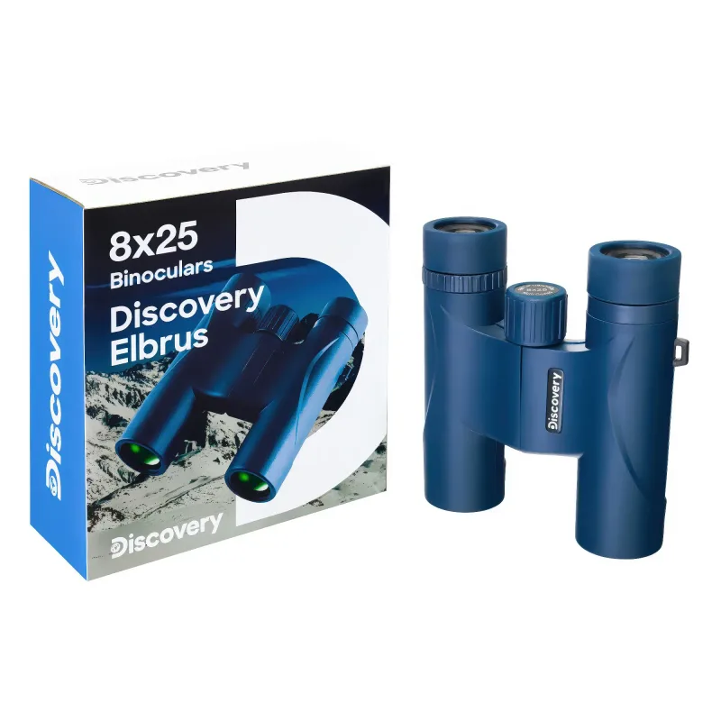 Бинокль Discovery Elbrus 8x25 с коробкой на синем фоне