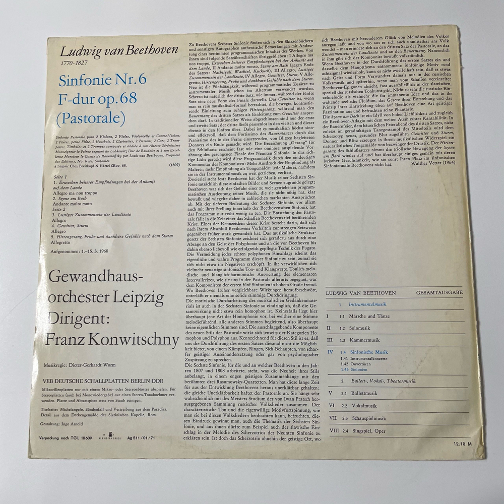 Винтажная виниловая пластинка LP Ludwig van Beethoven Бетховен, Sinfonie Nr. 6 F dur Op. 68 (Pastorale) (ГДР 1971)