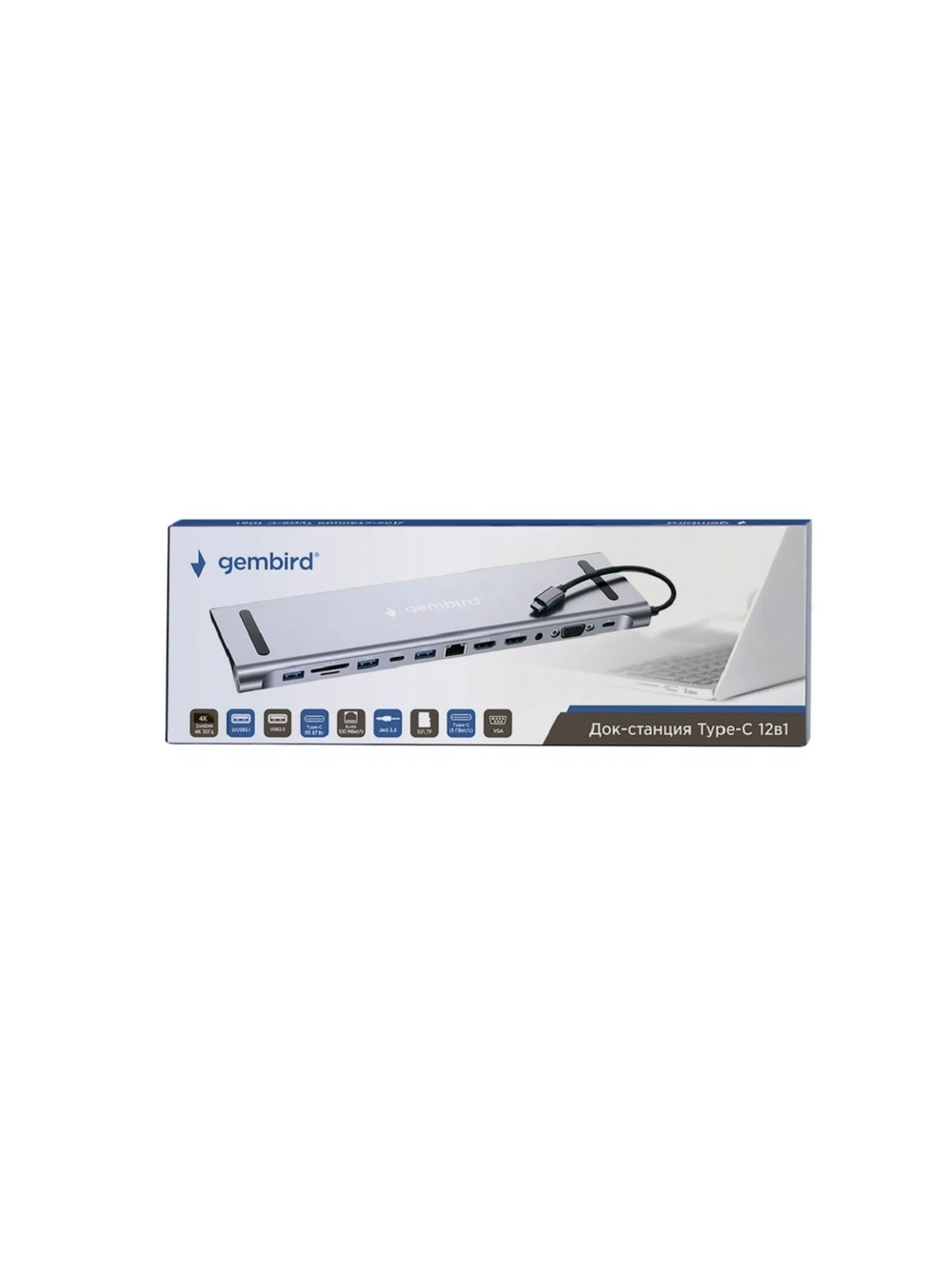 Gembird Док-станция Type-C,12в1: 2xUSB3.1,USB2.0, RJ45,PD87W, Jack3.5, SD/TF, 2xHDMI, VGA,Type-C (UHB-D6)