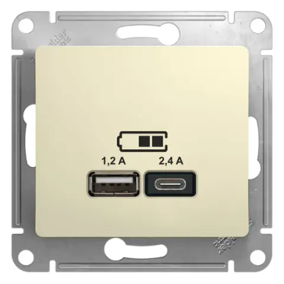 GLOSSA USB РОЗЕТКА А+С, 5В/2,4А, 2х5В/1,2А, механизм, БЕЖЕВЫЙ