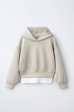 ZARA СПОРТИВНОЕ ХУДИ С КАПЮШОНОМ И ДВОЙНЫМ НИЗОМ, ПЕСОЧНЫЙ