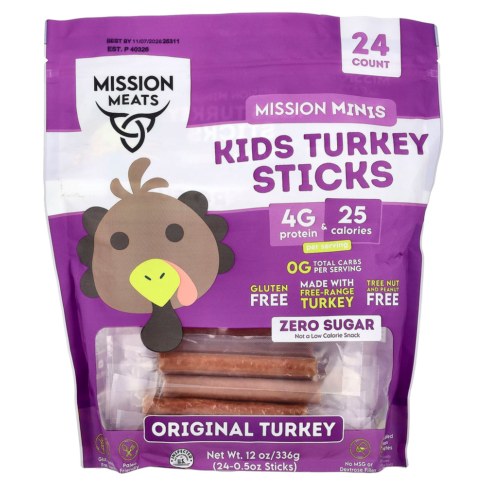 Mission Meats, Sierra iHerb, для детей, стики из индейки, оригинальный вкус, 24 шт. по 0,5 унции