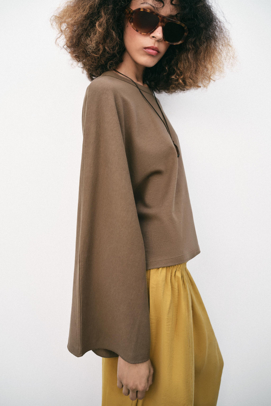ZARA ХЛОПКОВАЯ ФУТБОЛКА С ШИРОКИМИ РУКАВАМИ, СЕРО-КОРИЧНЕВЫЙ