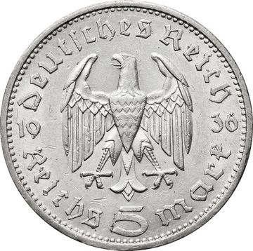 5 рейхсмарок 1936 Германия (Третий Рейх) "A", Орел без свастики (Гинденбург)
