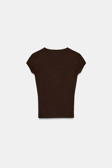 ZARA ФУТБОЛКА С V-ОБРАЗНЫМ ВЫРЕЗОМ, КОРИЧНЕВЫЙ
