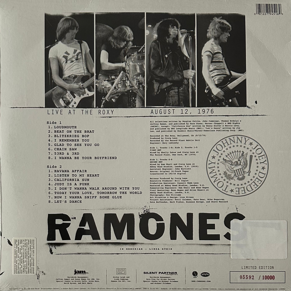 Ramones ‎– Live At The Roxy August 12, 1976 (Европа 2016г.)