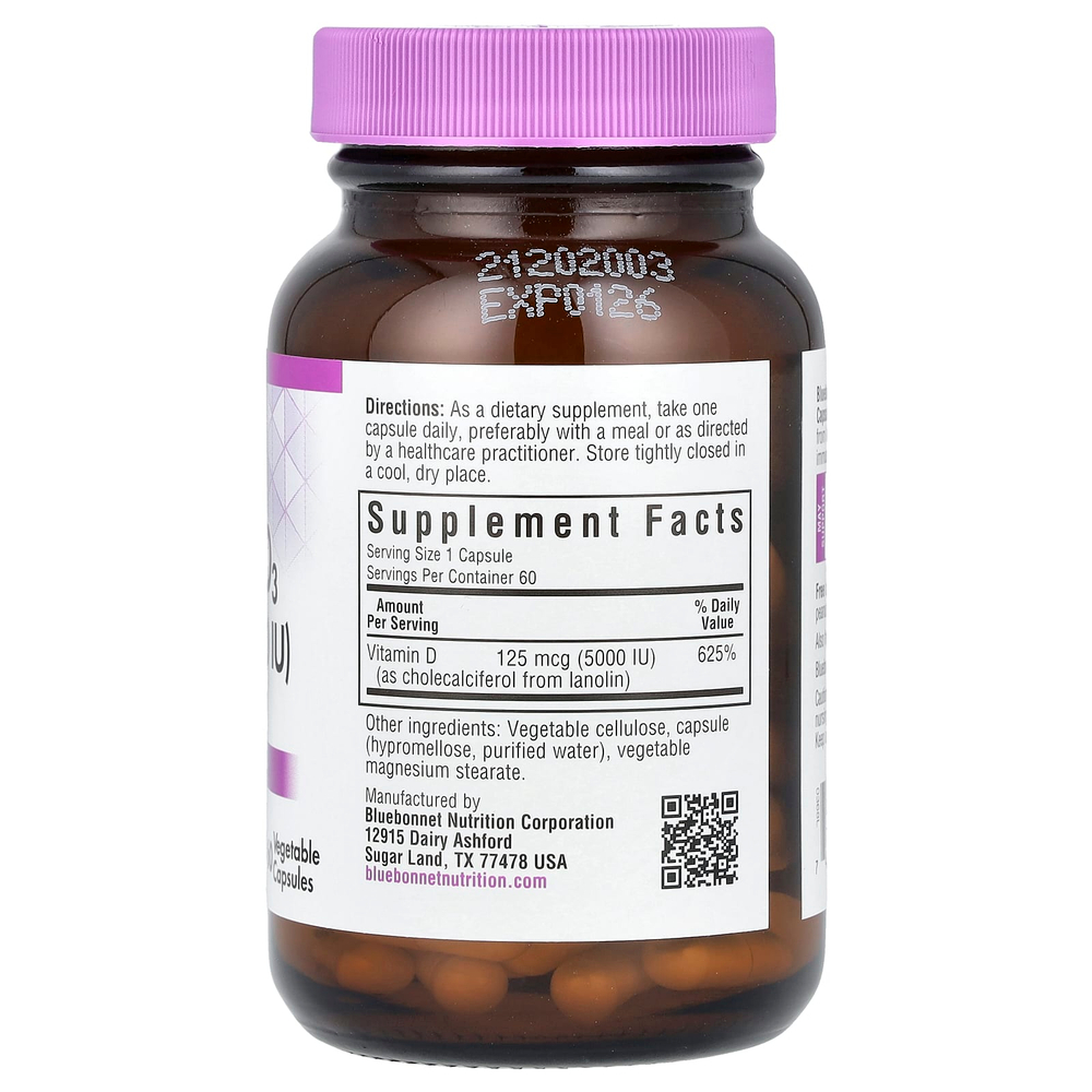 Bluebonnet Nutrition, витамин D3, 125 мкг (5000 МЕ), 60 вегетарианских капсул
