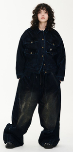 Штаны BSRabbit DSXBS SUPER WIDE PINTUCK WAX REAL DENIM PANTS WORN MIDNIGHT DENIM