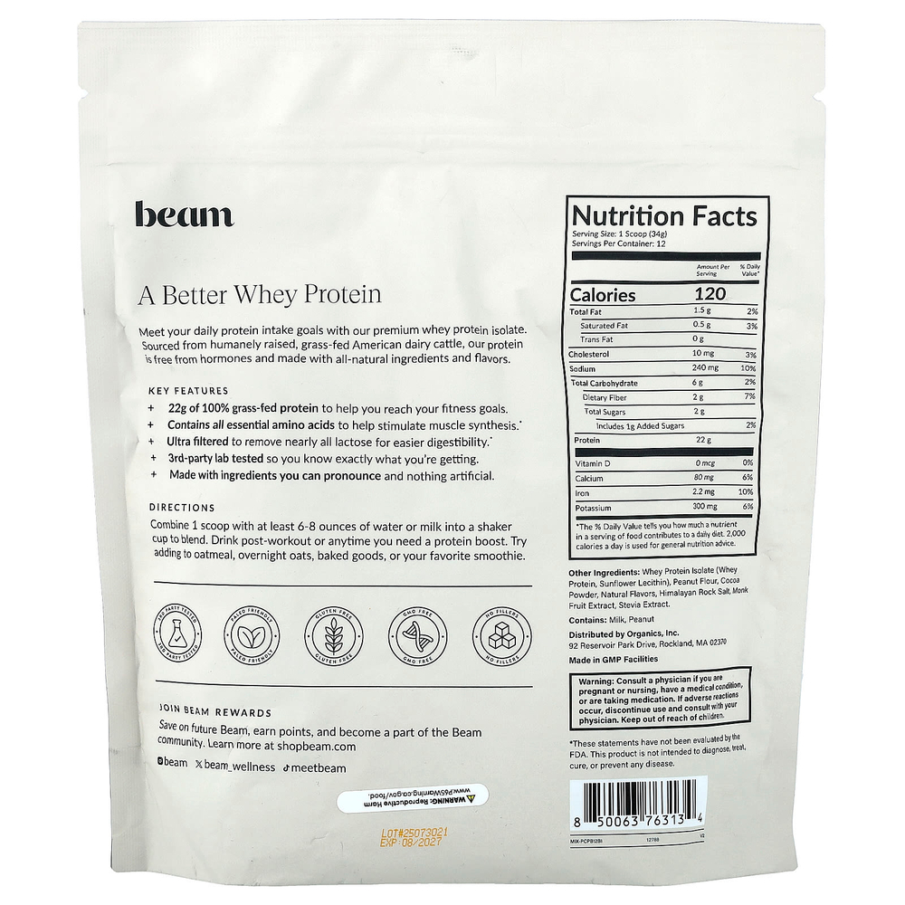 Beam, сывороточный протеин, шоколад и арахисовая паста, 408 г (14,39 унции)