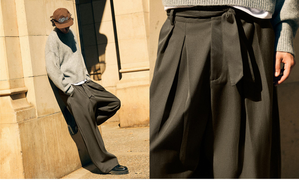 Мужские брюки barrel fit с ремнём и вытачками - BERSHKA