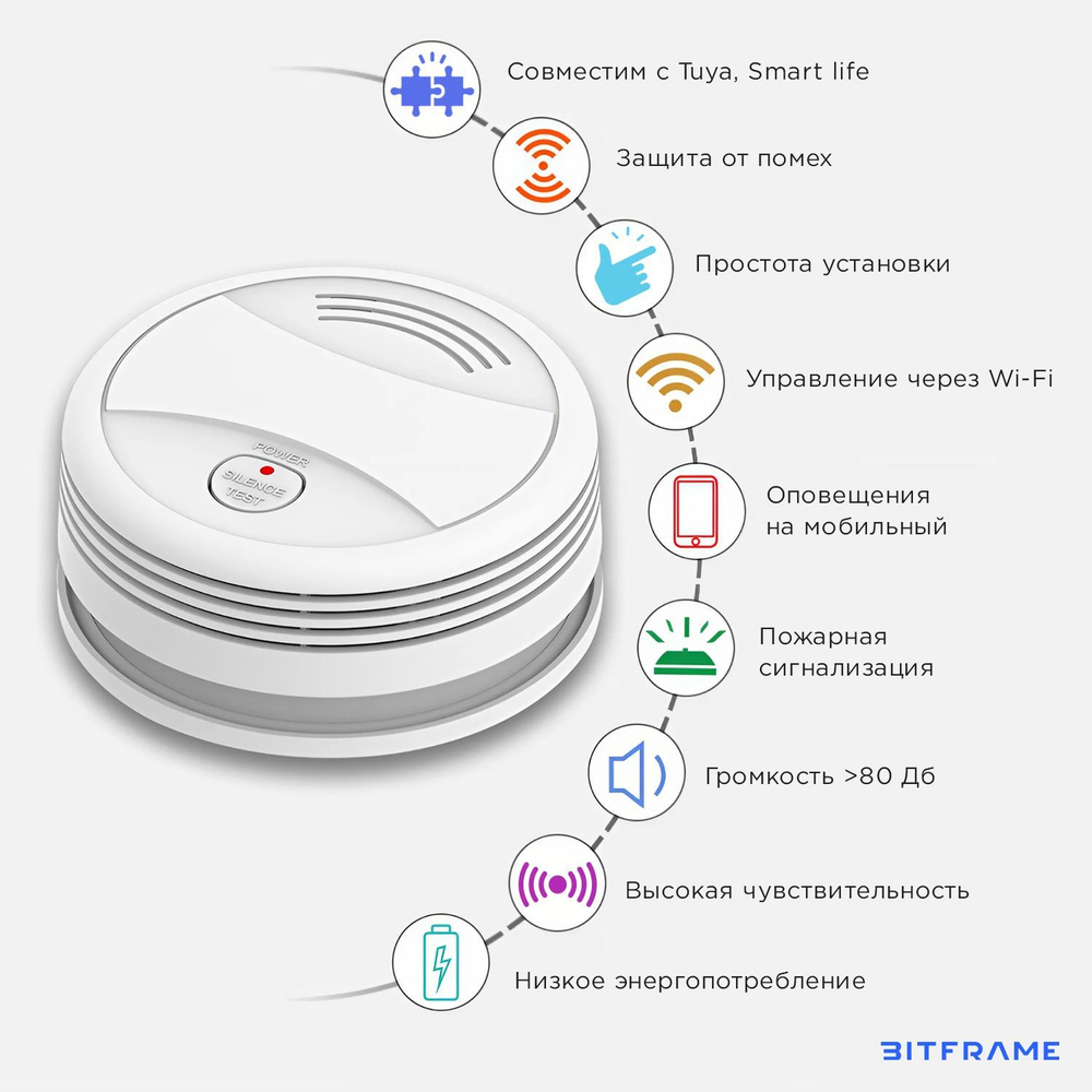 Умный датчик дыма WiFi, пожарная сигнализация для дома, детектор задымления, белый
