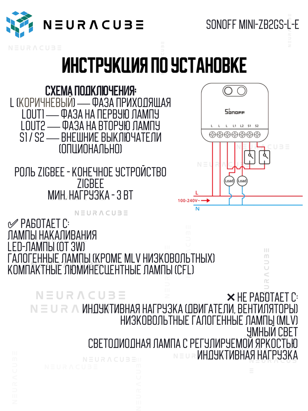 Умное Двухканальное Zigbee реле SONOFF MINI-ZB2GS-L (8А-на канал)