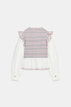 ZARA БЛУЗА С ВЫШИВКОЙ И СБОРКОЙ «ВАФЛИ», БЕЛЫЙ