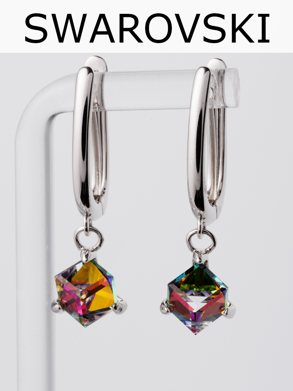 Серьги-подвески Миражи с зеленым кубиком Swarovski