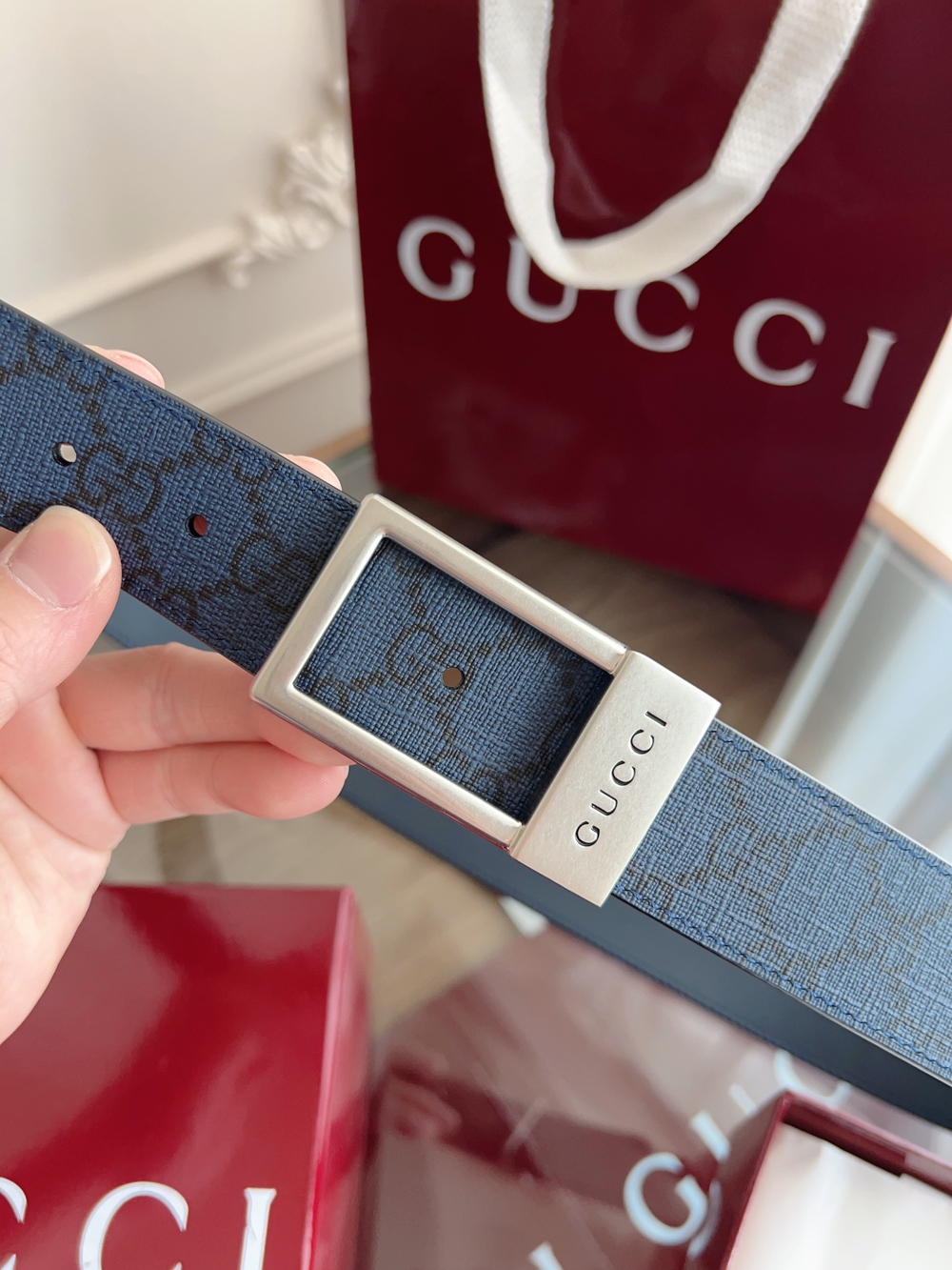 Мужской ремень Gucci с прямоугольной пряжкой 3,5 см — синий — фото 3