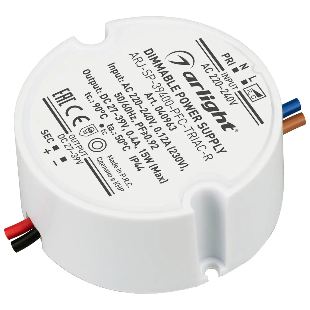 Блок питания ARJ-SP-39400-PFC-TRIAC-R (15W, 27-39V, 400mA) (Arlight, IP44 Пластик, 5 лет) Блок питания ARJ-SP-39400-PFC-TRIAC-R (15W, 27-39V, 400mA) (Arlight, IP44 Пластик, 5 лет)