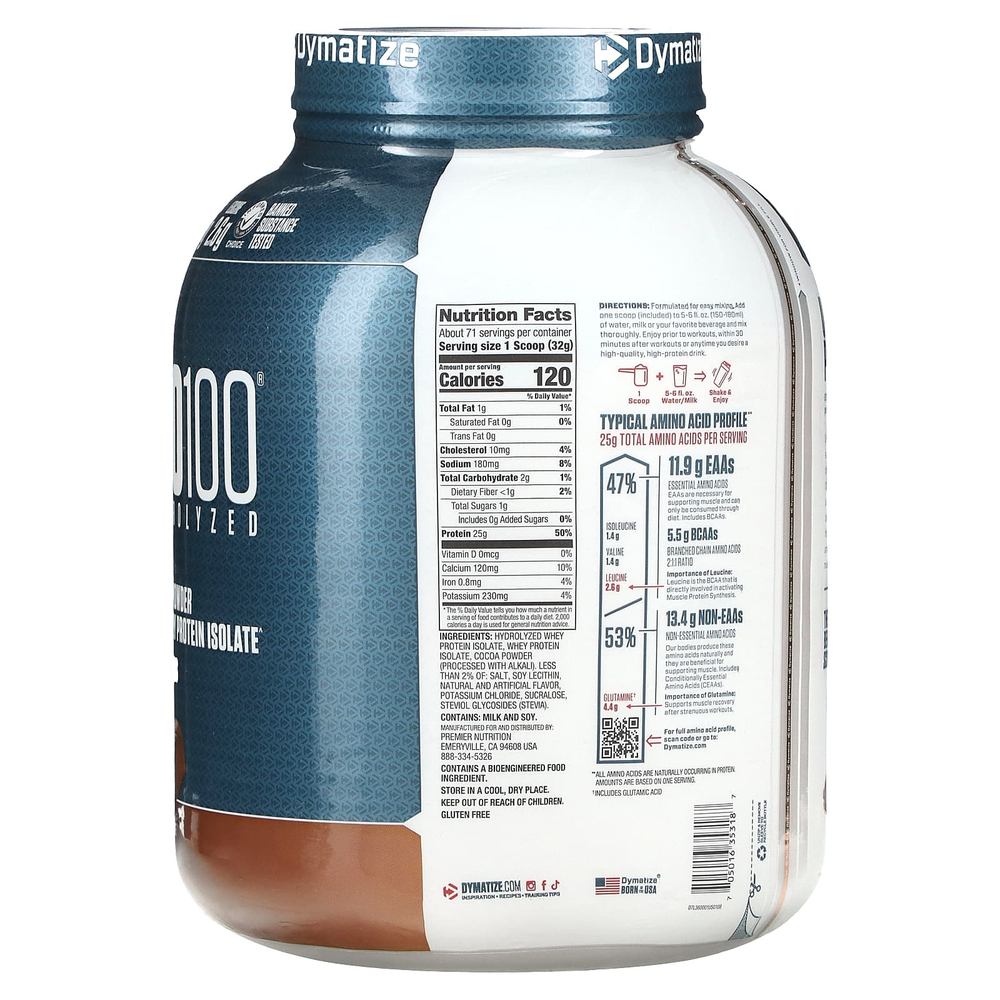 Dymatize, ISO100, гидролизованный, 100% изолят сывороточного протеина, шоколад для гурманов, 2,3 кг (5 фунтов)