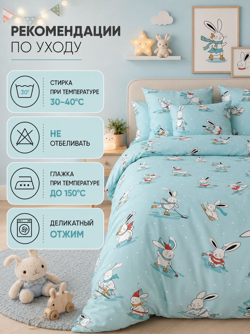 Комплект постельного белья Детский 1,5-спальный, наволочки 70х70 Бязь Зимние Кролики