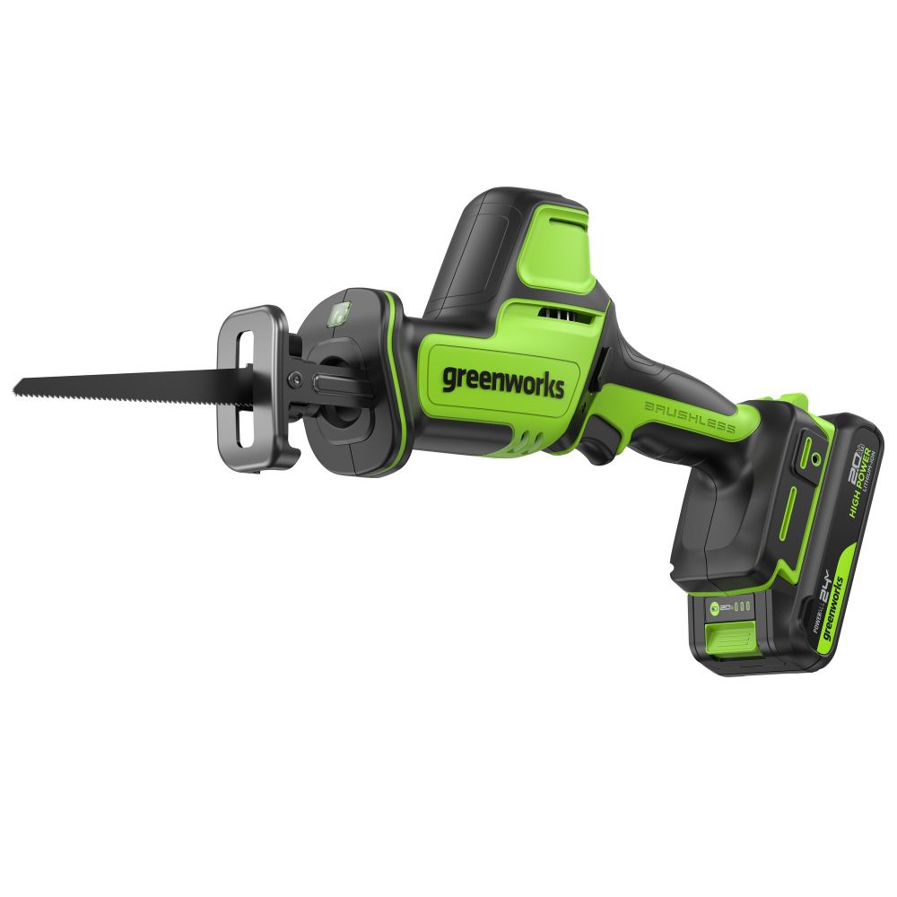 Пила сабельная акк. Greenworks GPT-CRS-25, 24V, б/щет, 0-3000/мин, рез 80 мм дер., LED, 1х2Ач,ЗУ,кор (1200507CUA)