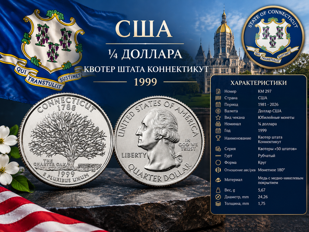 США 25 центов, 1999 D Штат Коннектикут UNC