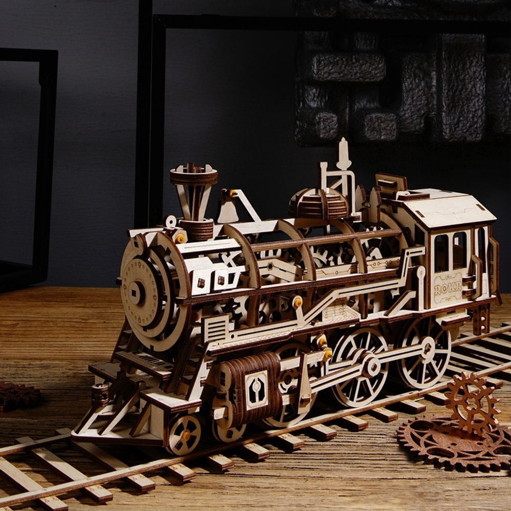 Локомотив (ROKR and Robotime) - Деревянный конструктор, сборная механическая модель, 3D пазл, ретро автомобиль