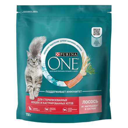 Сухой корм Purina ONE для стерилизованных кошек и кастрированных котов лосось 750 г