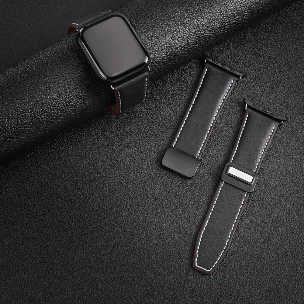 Ремешок из натуральной кожи черного цвета от Dux Ducis для смарт часов Apple Watch 42, 44, 45, 46, 49мм, серия YA Series