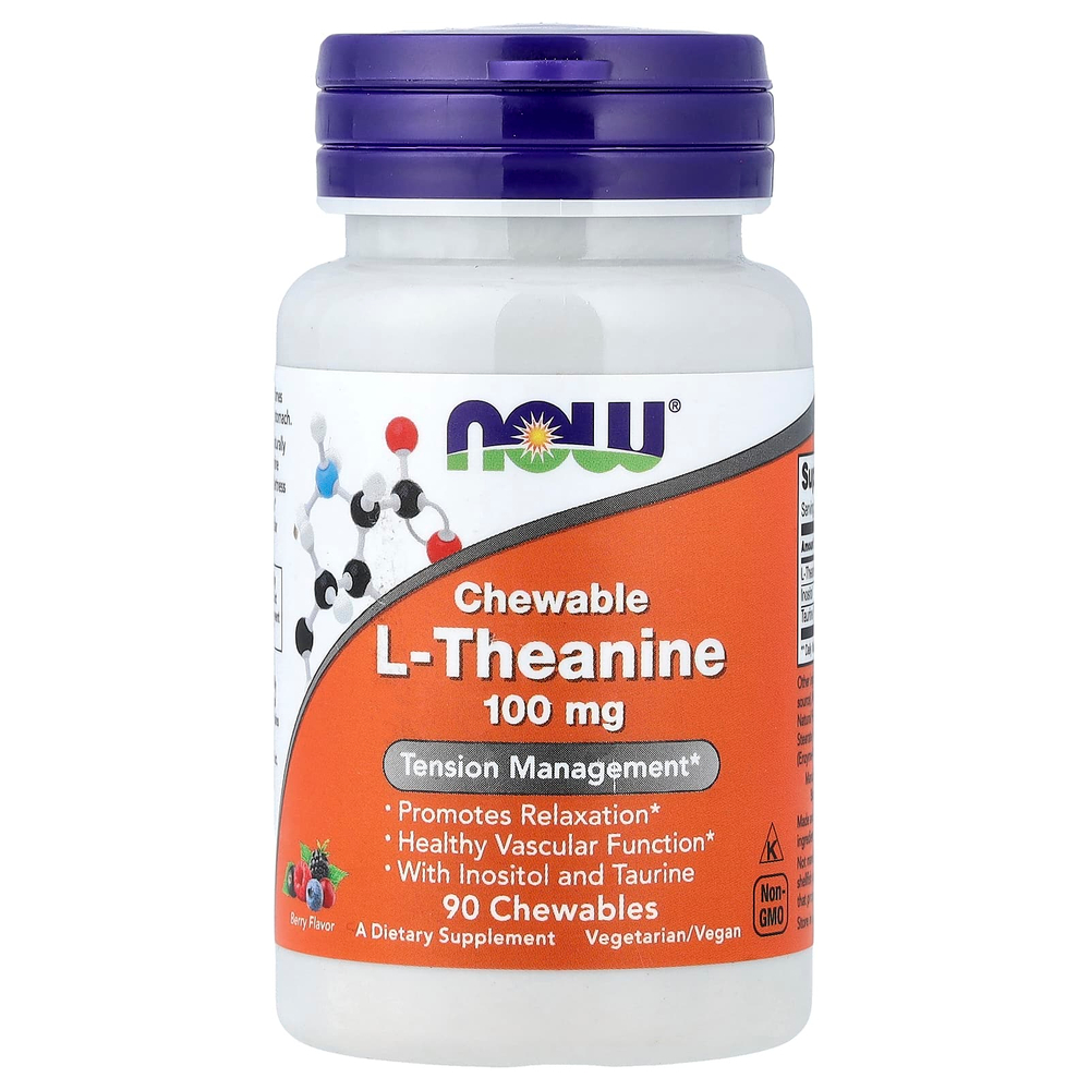 NOW Foods, жевательный L-теанин, с ягодным вкусом, 90 жевательных таблеток