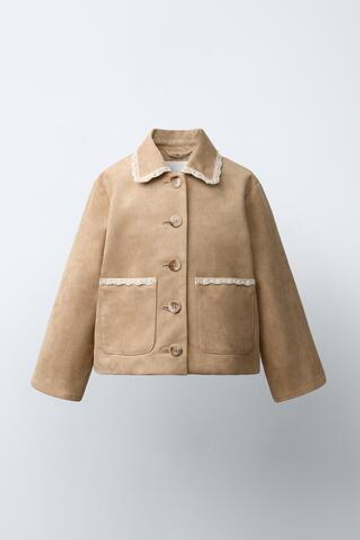 ZARA КУРТКА ИЗ ИСКУССТВЕННОЙ ЗАМШИ С КРУЖЕВНОЙ ОТДЕЛКОЙ, БЕЖЕВЫЙ