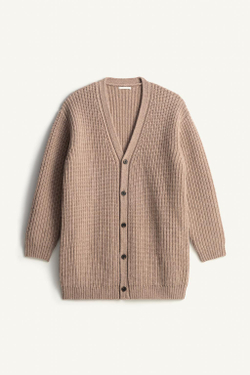 ZARA ДЛИННЫЙ КАРДИГАН ИЗ 100% ШЕРСТИ С НАШИВКОЙ НА ЛОКТЕ, БЕЖЕВЫЙ