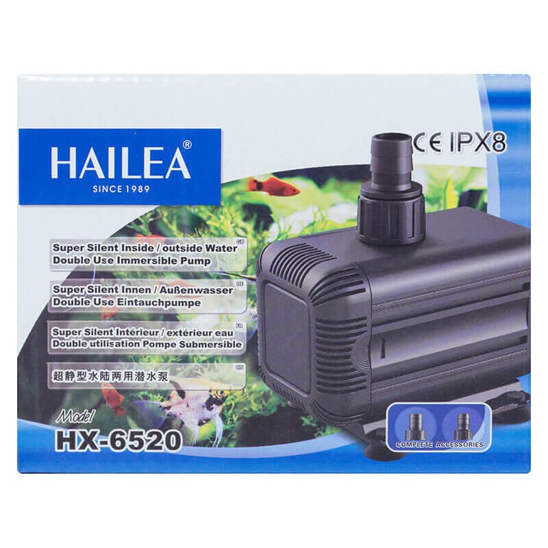 Помпа погружная hailea hx-6520, 18,5 w, 1400 л/ч, вид коробки с логотипом и изображением помпы