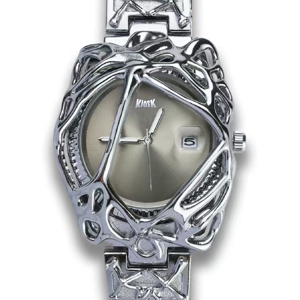 KIOSK Y2K Trendy Fashion Retro Watch Silver Luxury American Fossil Quartz Movement Stainless Steel Strap Watch