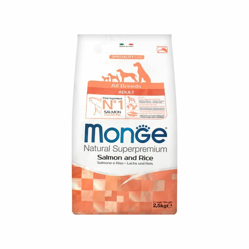 MONGE MINI ADULT Сухой корм для взрослых собак мелких пород с лососем и рисом, 2,5 кг.