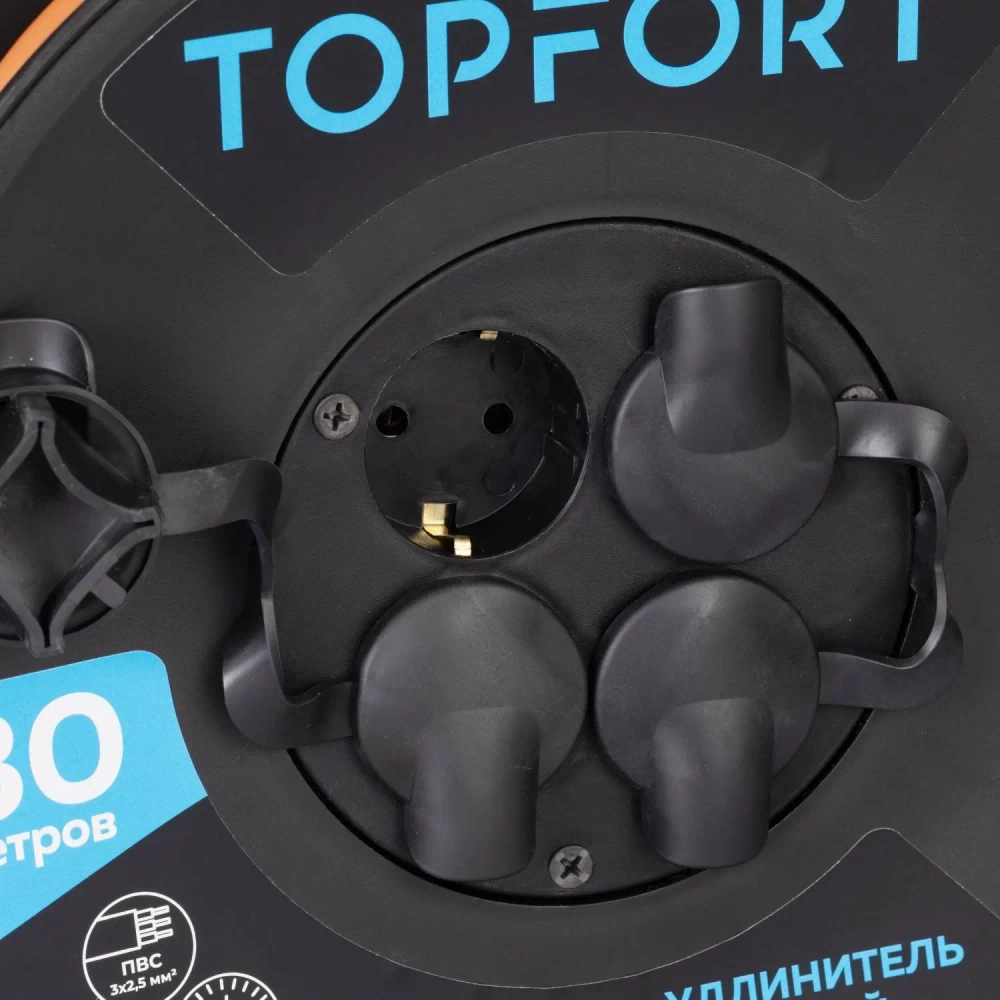 Удлинитель Topfort ПВС 3х2,5кв.мм, 30м на пласт.катушке, 4 роз. с/з, IP44