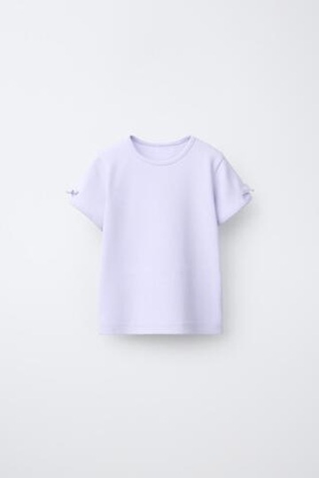 ZARA ФУТБОЛКА В РУБЧИК С БАНТАМИ, ЦВЕТ МАЛЬВЫ