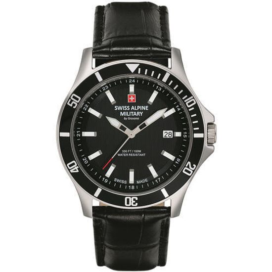 С ремешком Мужские наручные часы с черным кожаным ремешком  Swiss Alpine Military 7022.1537 mens 42mm 10ATM