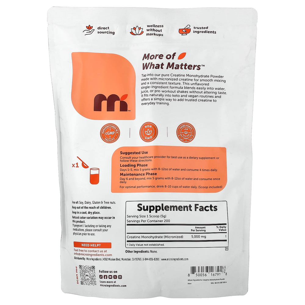 Micro Ingredients, Моногидрат креатина, без добавок, 1 кг (2,2 фунта)