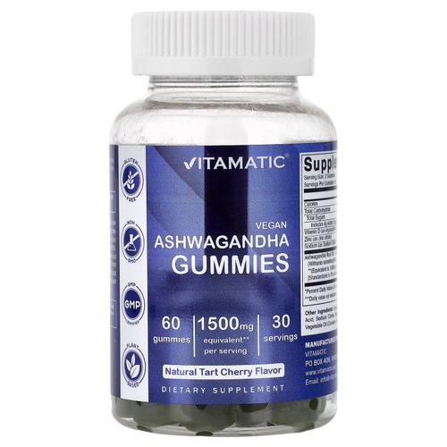 Vitamatic, веганская жевательная ашваганда, натуральный вкус вишни, 60 жевательных таблеток