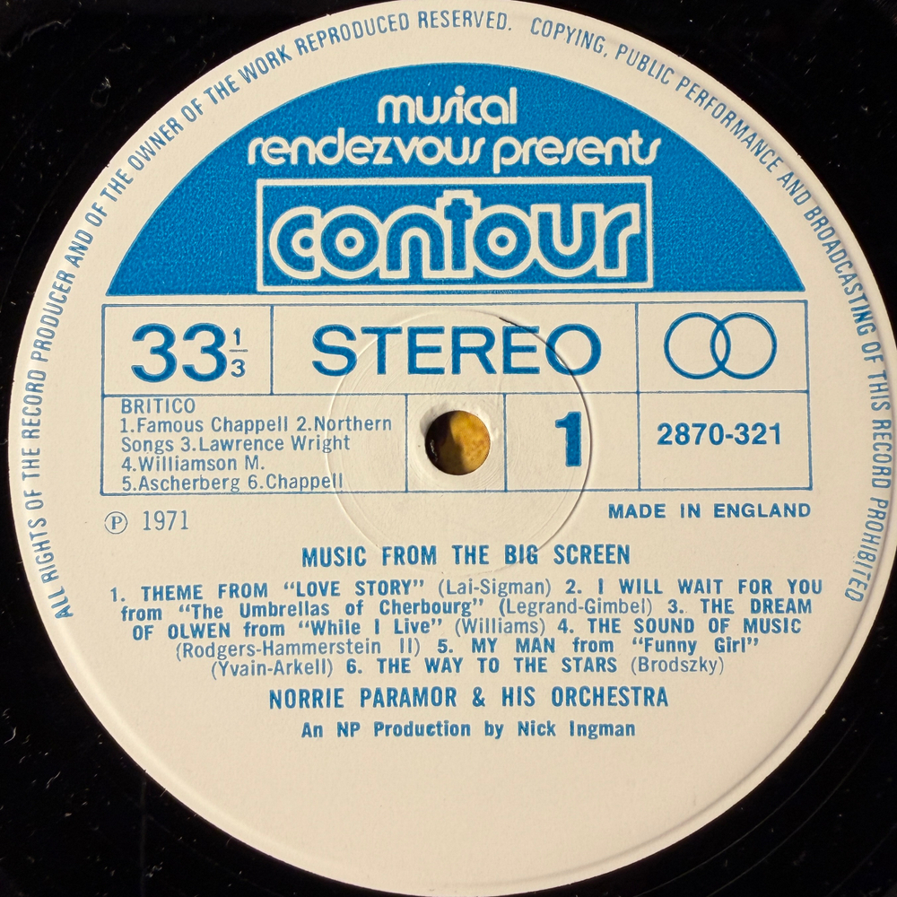 Norrie Paramor And His Orchestra ‎– Music From The Big Screen (Англия 1971г.)
