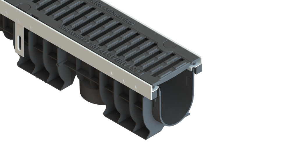 Лоток водоотводный PolyMax Drive DN100 h76 пластиковый с решеткой щелевой чугунной ВЧ кл. D (комплект)