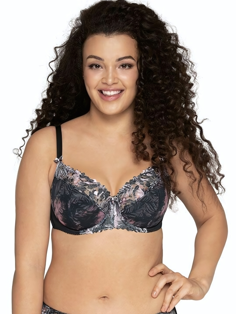 Бюстгальтер plus size на тонком поролоне с трехцветной вышивкой (Размер: 75L) (Цвет: черный)